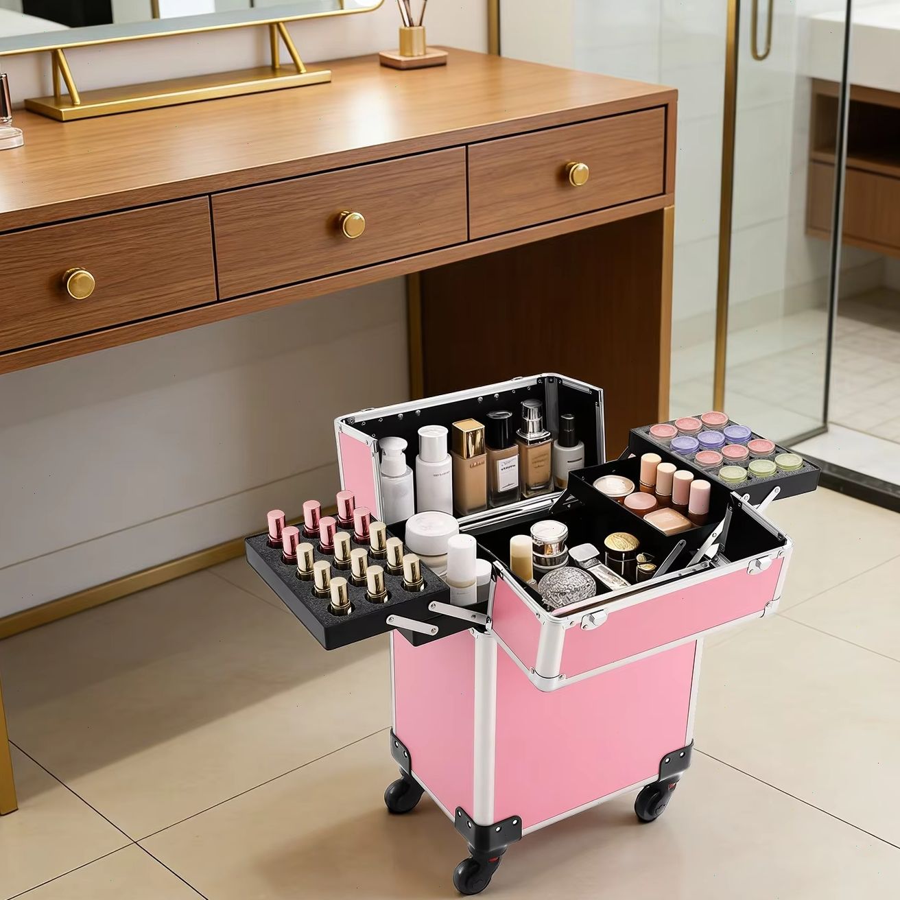 Beauty & Makeup Katia Di Paola Palermo - Pink Rolling Makeup Train Case Aluminum